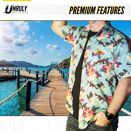 Miniatura 5 de Camisa hawaiana para hombre, color verde, M249, camisas con botones para hombre, divertidas camisas de armas de flores con pistolas