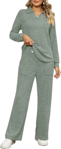 Miniatura 3 de WIHOLL Conjunto de 2 piezas para mujer, ropa de descanso, pantalones de pierna ancha, cuello en V, conjunto de pijama