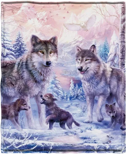 KYKU Mantas y mantas de lobo rosa, manta de vellón de lobos con animales decorativos de nieve para adultos y niños, diseño de amor familiar, bonito