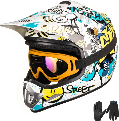 Miniatura 10 de ILM - Casco para niños o jóvenes para motocross o cuatrimoto o calle, de cara completa, para moto, incluye lentes y guantes, aprobado por el DOT