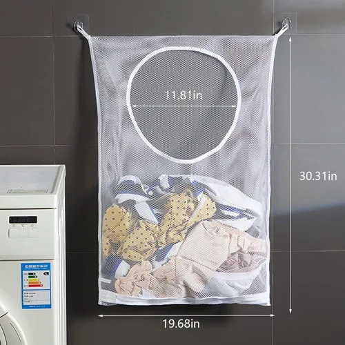Miniatura 6 de Resdenio Bolsa de lavandería colgante, bolsa de lavandería portátil, 30 x 20 pulgadas, cesta grande plegable para colgar en la pared con 2 ganchos