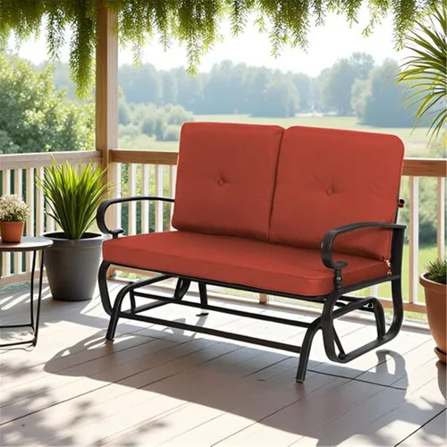 Miniatura 11 de SUNCROWN Silla mecedora al aire libre, silla mecedora de 2 asientos para patio, sofá biplaza con cojines, muebles de marco de acero, color marrón
