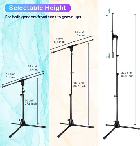 Miniatura 5 de Soporte de micrófono plegable para el suelo, trípode resistente, brazo con 2 tornillos, 2 clips de micrófono, 2 fundas de espuma y bolsa