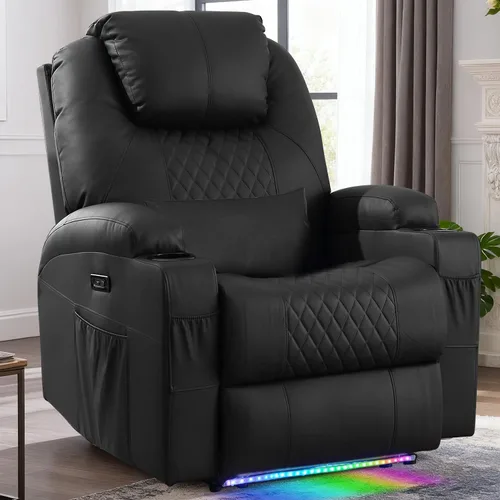 Miniatura 17 de Silla reclinable eléctrica con calor y masaje para adultos, asiento reclinable eléctrico de cine en casa con luces LED, portavasos, bolsillo