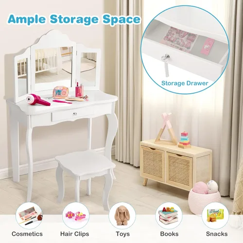 Miniatura 2 de HONEY JOY Juego de tocador para niños con espejo, mesa de tocador de madera 2 en 1 con taburete, espejo plegable y cajón, parte superior extraíble