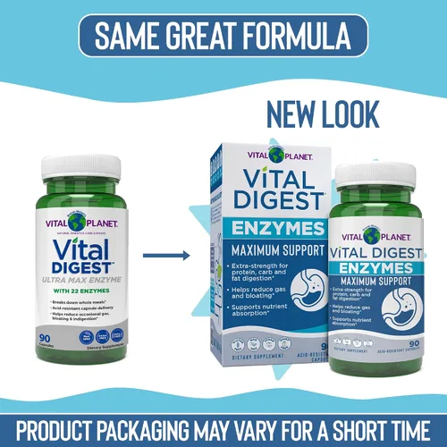 Miniatura 3 de Vital Planet Vital Digest Natural Digestive Enzymes Apoya la Descomposición de Proteínas, Grasas y Carbohidratos y Reduce los gases ocasionales