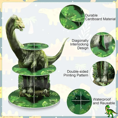 Miniatura 3 de Censen Soporte para cupcakes de dinosaurio de 3 niveles, decoraciones de fiesta con temática de dinosaurio, decoración de torre de postre
