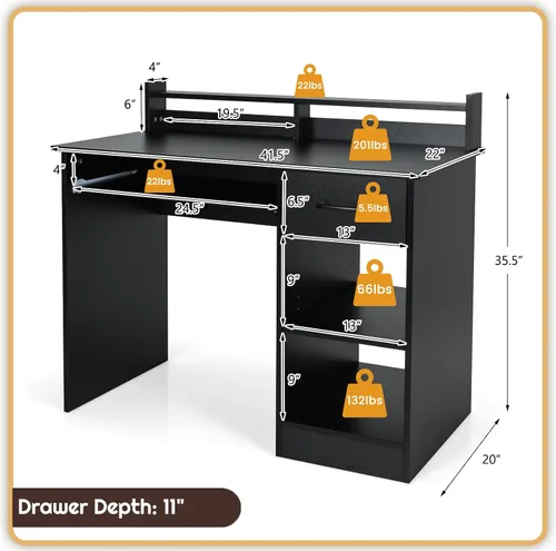 Miniatura 3 de Escritorio para computadora con gabinete y bandeja para teclado, estación de trabajo de oficina en casa con cajón, estantes ajustables, mesa