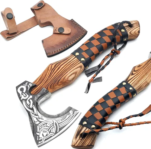 Miniatura 10 de ANCILLA Hacha vikinga de 16 pulgadas para camping, hecha de hoja de acero al carbono forjada a mano y mango de palisandro, el hacha viene con funda