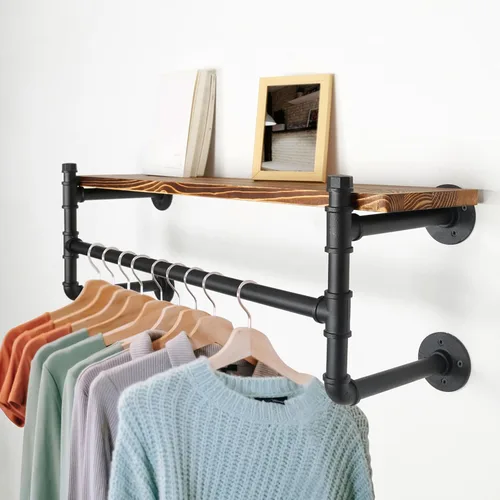 Miniatura 2 de WEBI Perchero de pared con estante, perchero industrial de 24 pulgadas con estantes, barra de ropa de hierro resistente, barra de ropa de exhibición
