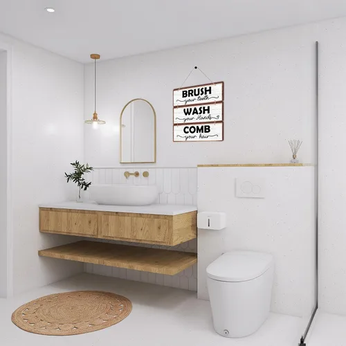 Miniatura 4 de Letrero de madera rústica para colgar en la pared con texto en inglés «Wash Your Hands», «Brush Your Teeth Peine Your Hair», letrero decorativo