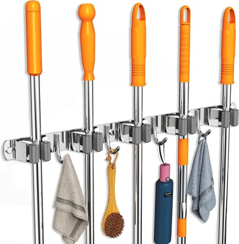 CUXIXA Organizador de escoba y trapeador para colgar en la pared, soporte de pared mejorado para trapeador y escoba, soporte de pared de acero Plata