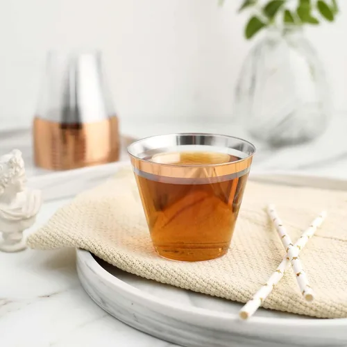 Miniatura 8 de Efavormart - Juego de 12 vasos de plástico de oro rosa de 10 onzas, diseño de borde para decoración de boda