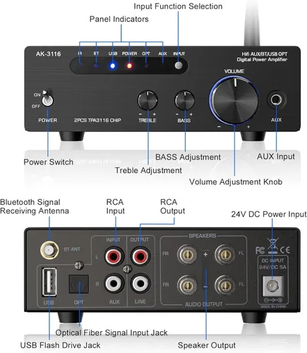 Miniatura 6 de AK-3116 Amplificador de audio estéreo de alta fidelidad, 2.0 canales 100 W x 2 mini amplificador Bluetooth clase D amplificador digital con chip