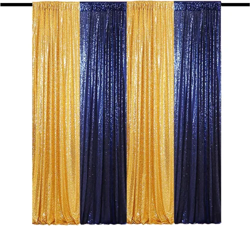 Cortina tipo telón de fondo de lentejuelas, 4 paneles de 2 x 8 pies, cortinas de fondo con purpurina, color dorado y azul marino, telón de fondo