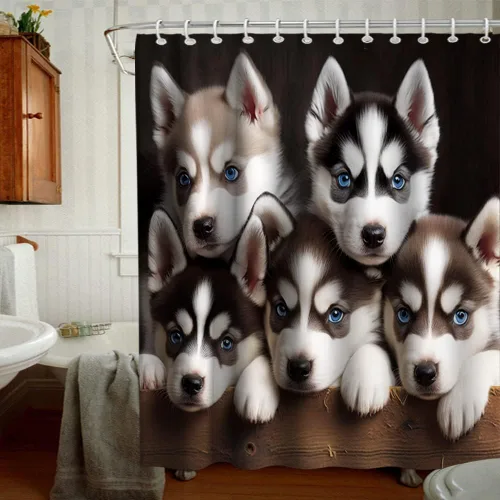 Miniatura 2 de Bonita cortina de ducha de perro, divertida y encantadora mascota, diseño de perros husky, cachorros, familia, niños, juego de decoración de baño