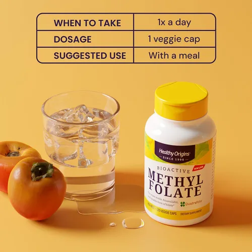Miniatura 5 de Healthy Origins Metil Folato de 800 mcg (quatrefolic, no OMG, folato biodisponible, sin gluten, soporte neurotransmisor), 120 cápsulas vegetales