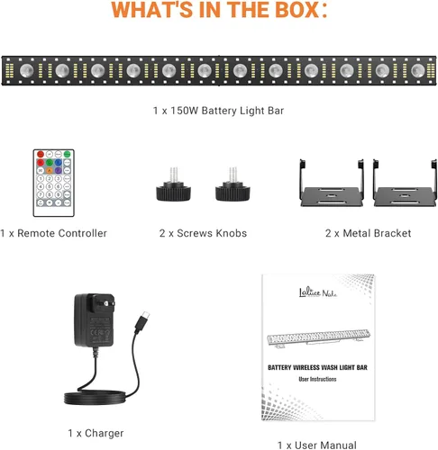 Miniatura 9 de Barra de luz de escenario alimentada por batería: 150W 3IN1 RGBW cambio de color - Inalámbrico 2.4G DMX y control remoto - Efectos estroboscópicos