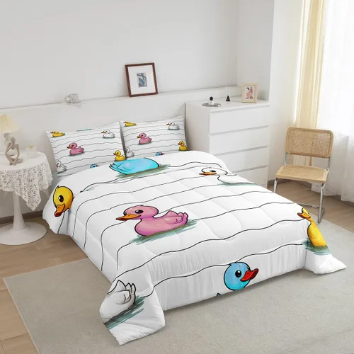 Miniatura 2 de Erosebridal Juego de ropa de cama a cuadros azul para niños, juego de cama individual con diseño de patos amarillos de dibujos animados, juego