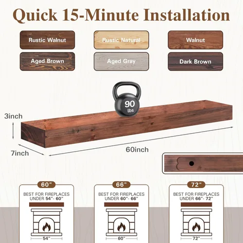 Miniatura 2 de Eshoma - Repisa para chimenea artesanal; estante sólido para colocarse sobre la chimenea; estante flotante montado en la pared con soportes Nogal