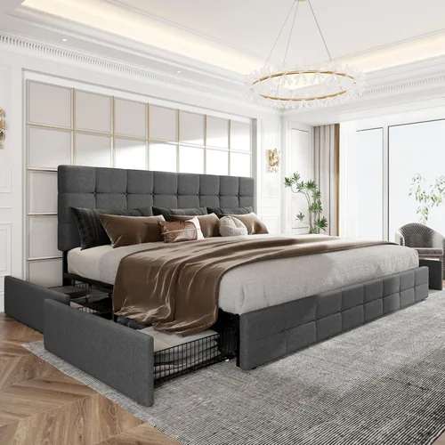 Miniatura 13 de HOOMIC Base de cama de almacenamiento de plataforma de tamaño matrimonial con 4 cajones y cabecera ajustable, listones de madera, no necesita Gris