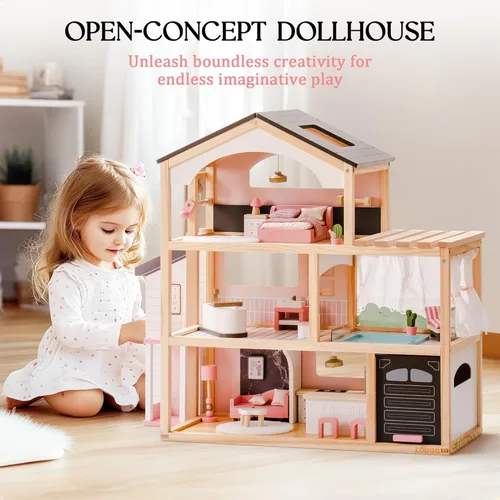 Miniatura 8 de ROBUD Casa de Muñecas, Casa de Muñecas de Madera con 6 Habitaciones, Set de Muebles de 29 Piezas, Ascensor Funcional, Garaje, Piscina, Regalo Ideal