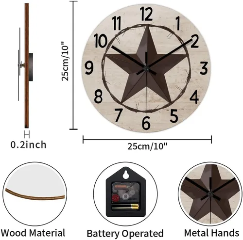 Miniatura 2 de Reloj de pared rústico de estilo retro clásico con estrella de Texas occidental, reloj de madera, silencioso, sin tictac, funciona