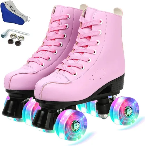 Gets Patines con Ruedas para Mujeres y Hombres con 4 Ruedas que se Iluminan para Interiores y Exteriores, Patines de Cuero PU de Caña Alta para