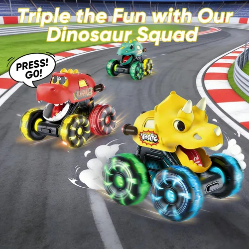 Miniatura 4 de Auto de juguetes de dinosaurio para niños, 3 piezas de camiones monstruos de dinosaurio iluminados, autos de dinosaurio con rueda LED intermitente