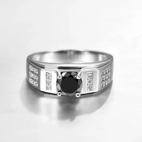 Miniatura 3 de Anillo de plata de ley 925 con relleno de corte redondo, topacio negro de imitación, anillo de compromiso de boda de alto pulido para mujer