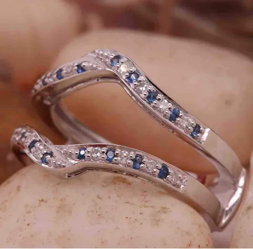 Miniatura 3 de Anillo doble de oro redondo de oro de 14 quilates con zafiro azul y diamante blanco para mujer