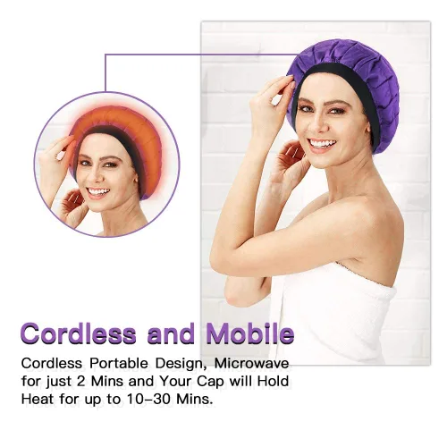 Miniatura 4 de Beautybaby - Gorro térmico inalámbrico de acondicionamiento profundo, tratamiento para microondas, para cabello rizado de spa, 100% algodón natural