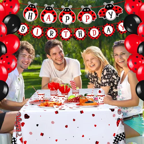 Miniatura 6 de Sumind Juego de 200 decoraciones de fiesta de cumpleaños con temática de mariquita, suministros para fiestas temáticas de mariquita, vajilla