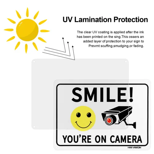 Miniatura 2 de Paquete de 2 carteles de videovigilancia con texto en inglés "Smile You're on Camer", de 10 x 7 pulgadas, de aluminio libre de óxido, resistente a