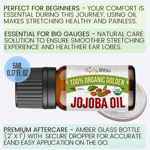 Miniatura 3 de BodyJ4You Aceite de jojoba orgánico para piercings - USDA 100% puro prensado en frío aceite para estiramiento de orejas - Cuidado de la nariz