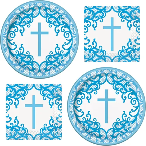 Elegante juego de platos y servilletas de postre con cruz religiosa azul (sirve 16) - Suministros para fiestas de bautismo, comunión y confirmación
