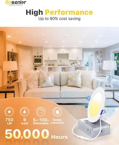 Miniatura 2 de Ensenior paquete de 12 luces LED empotrables de 4 pulgadas, regulables, 2700K-5000K, 5 CCT, 750 lm de alto brillo, 9 W, 120 V, 3 pines, ERL-9X-ETL
