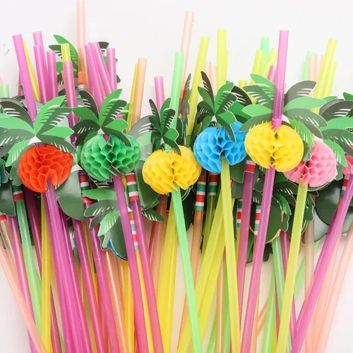 Miniatura 4 de 100 unidades de pajitas de árbol de coco, pajitas desechables de plástico en forma de panal, suministros para decoración de fiesta tropical hawaiana