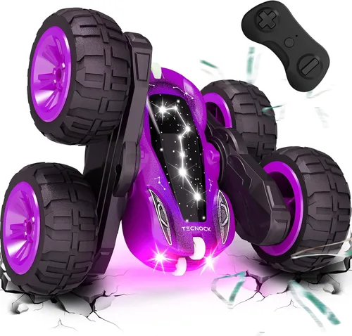Miniatura 9 de Tecnock - Auto a control remoto para niños, autos RC de 2.4GHz con carga fácil USB-C, 4WD doble cara que gira 360° y voltea, auto de acrobacias RC