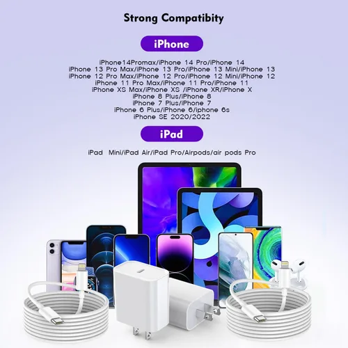 Miniatura 4 de Cargador de iPhone de carga rápida, paquete de 2 bloques de carga de pared USB C de Apple PD con cable USB-C a Lightning de 3 pies, adaptador tipo C