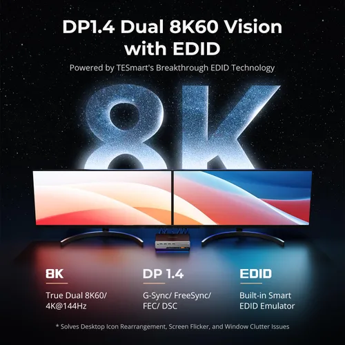 Miniatura 3 de TESmart - Conmutador KVM DP 8K@60Hz para 2 Monitores y 2 Computadoras con EDID, Conmutador KVM DP 1.4 para Monitor Dual 4K@144Hz para Estación