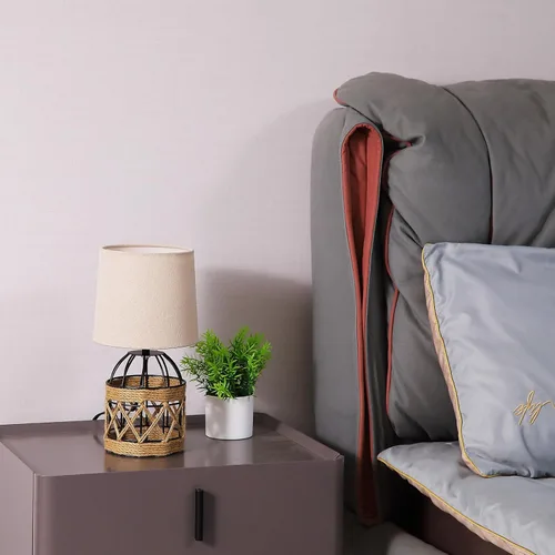 Miniatura 6 de Lámpara de mesa bohemia para dormitorio, pequeña lámpara de noche con base de jaula de metal de ratán y pantalla de lino, lámpara de mesita de noche
