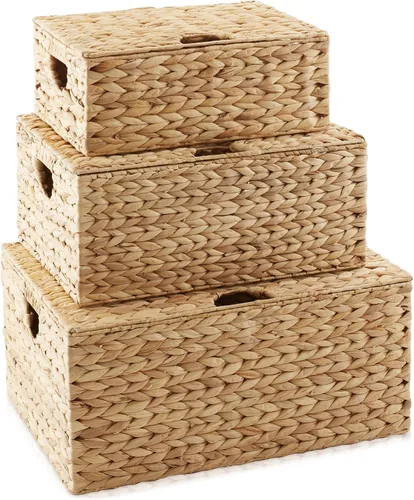 Miniatura 9 de Casafield Juego de 3 canastas de almacenamiento rectangulares de jacinto de agua con tapas (Espresso - Pequeña/Mediana/Grande) para dormitorio