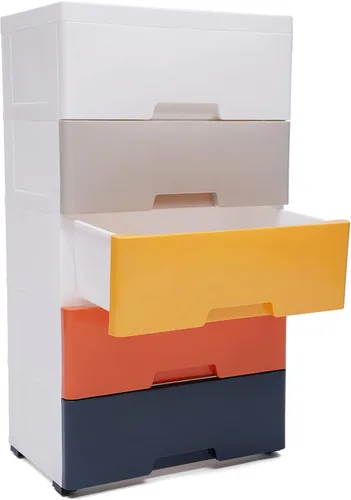 Miniatura 6 de Cómoda de cajones de plástico, armario de almacenamiento con 5 cajones, organizador alto con 4 ruedas para ropa, sala de juegos, dormitorio, muebles