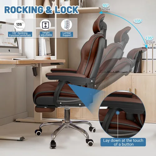 Miniatura 7 de Silla ejecutiva para computadora, silla de escritorio para oficina en casa, ángulo ajustable, ergonómica, de altura ajustable, sillas de piel Marrón