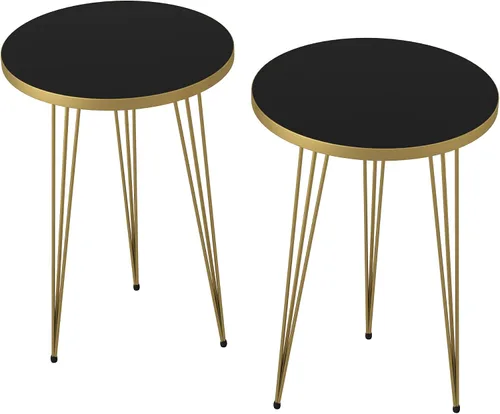 Miniatura 4 de Juego de 2 mesas auxiliares redondas de madera para sofá para espacios pequeños, mesita de noche con patas de metal para dormitorio, sala de estar