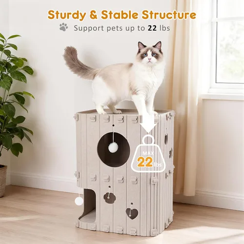 Miniatura 5 de Casa para gatos de interior – Cueva cerrada de 2 pisos para gatos múltiples y grandes, cubierta de fieltro para mascotas, túnel de condominio, cubo