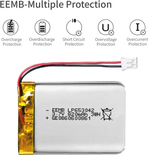 Miniatura 5 de EEMB Batería de polímero de litio 3.7V 820mAh 653042 Lipo Batería recargable con conector JST de cable para altavoz y dispositivo inalámbrico