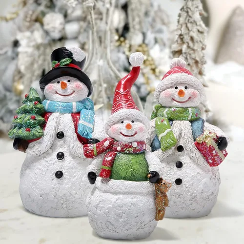 Miniatura 2 de Hodao Juego de 3 figuras de muñeco de nieve, adornos navideños de resina pintados a mano, decoración interior del hogar para repisa, estante