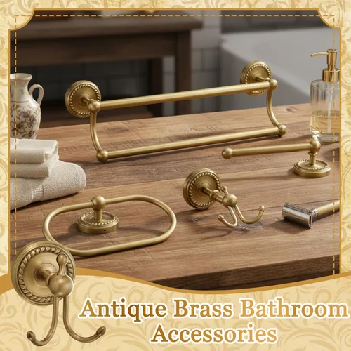 Miniatura 7 de Juego de 4 piezas de accesorios de baño de latón antiguo dorado, juego de toallero montado en la pared y anillo para toallas y soporte para papel